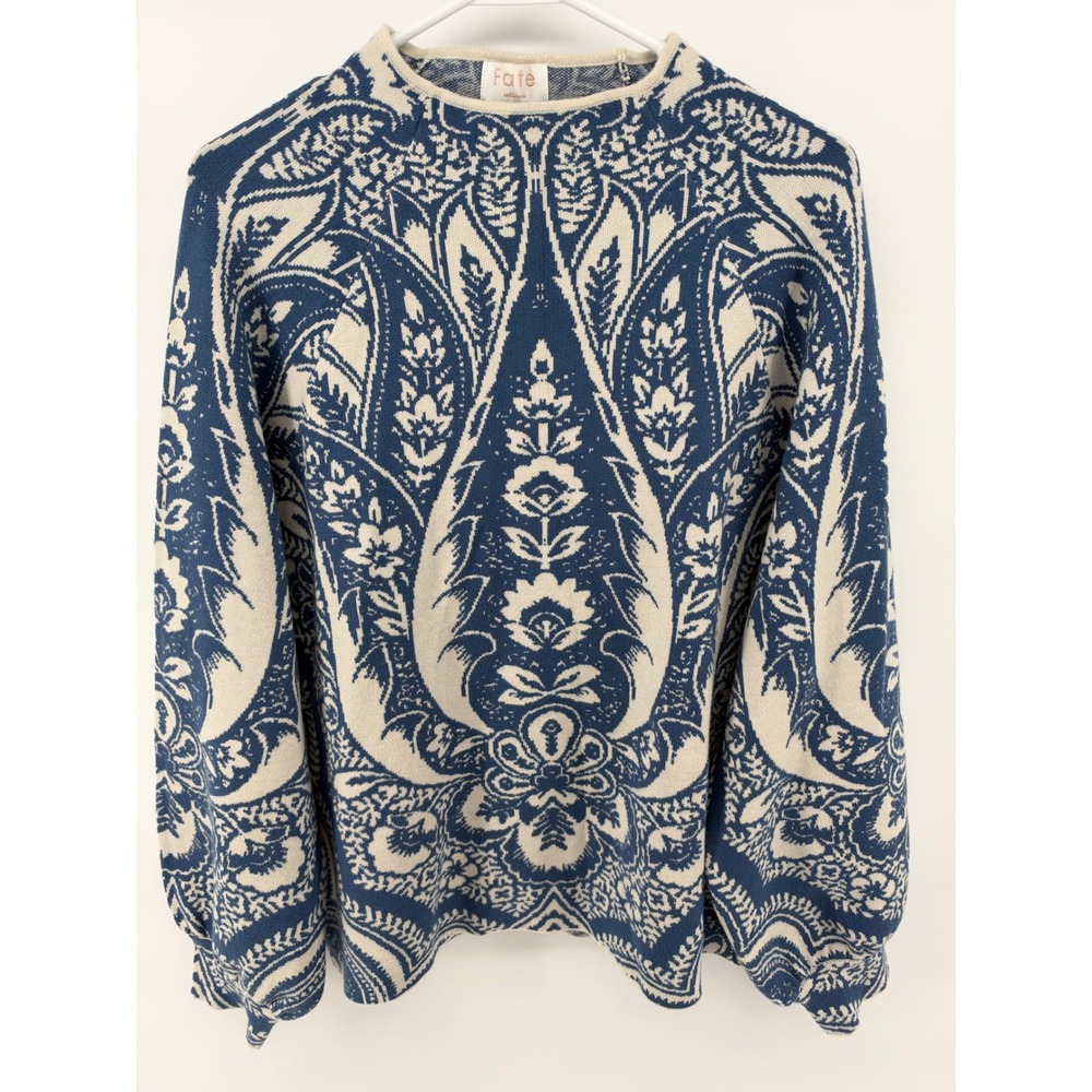 Fate Jacquard Knit Sweater Mock Neck Blue Cream Paisley Damask Balloon Sleeve M